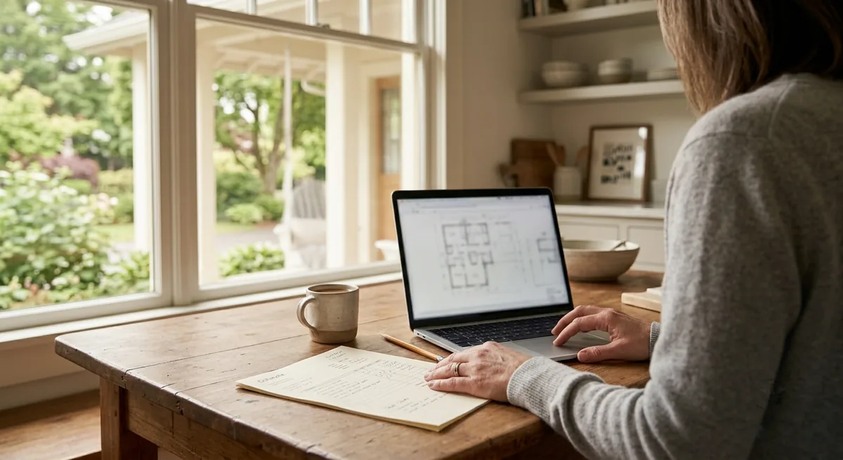 Two people working through home paperwork at a kitchen table