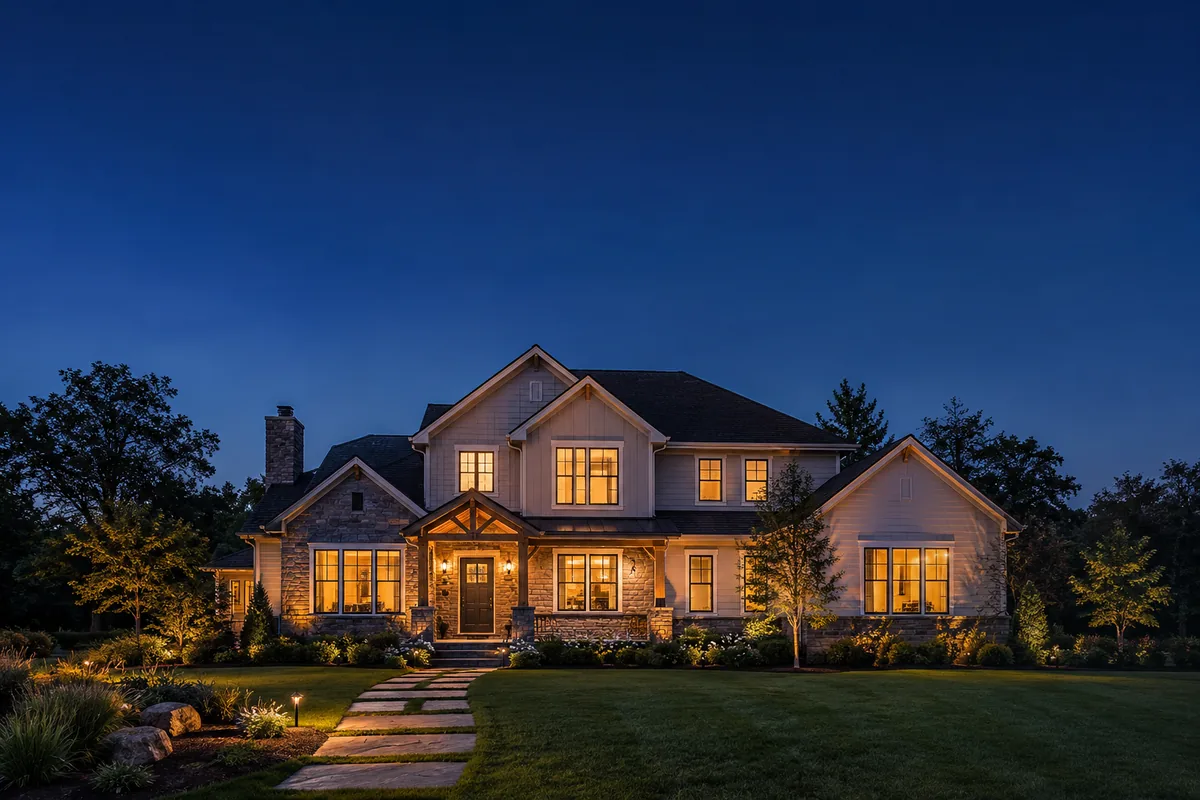 A suburban family home lit from inside at dusk