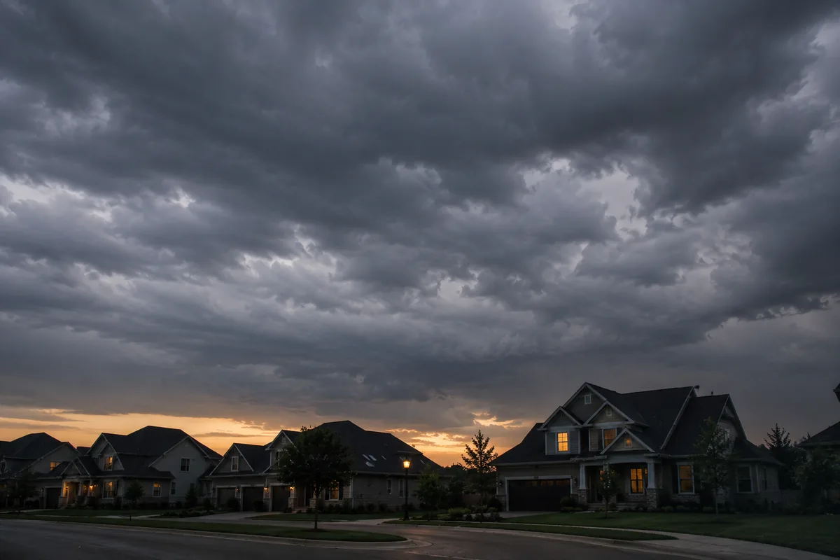 Dark storm clouds gathering over suburban rooftops at dusk
